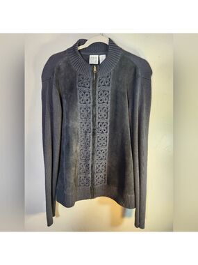 Field Gear Black Sweater Front & Leather with Intricate‎ Design Zip Front Sz XL